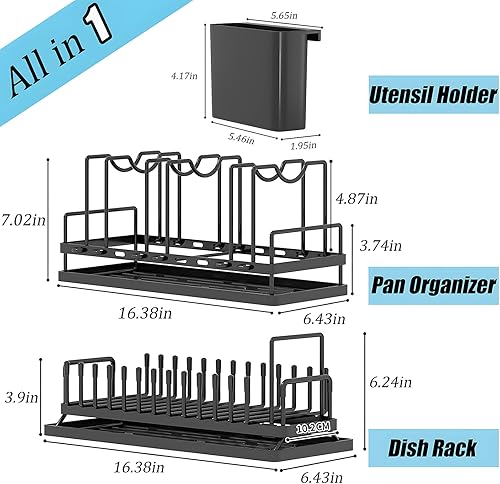 Miniatura 2 de Santentre Paquete de 2 escurridor de platos y 1 organizador de ollas y sartenes, con soporte para utensilios, escurridor compacto para encimera de