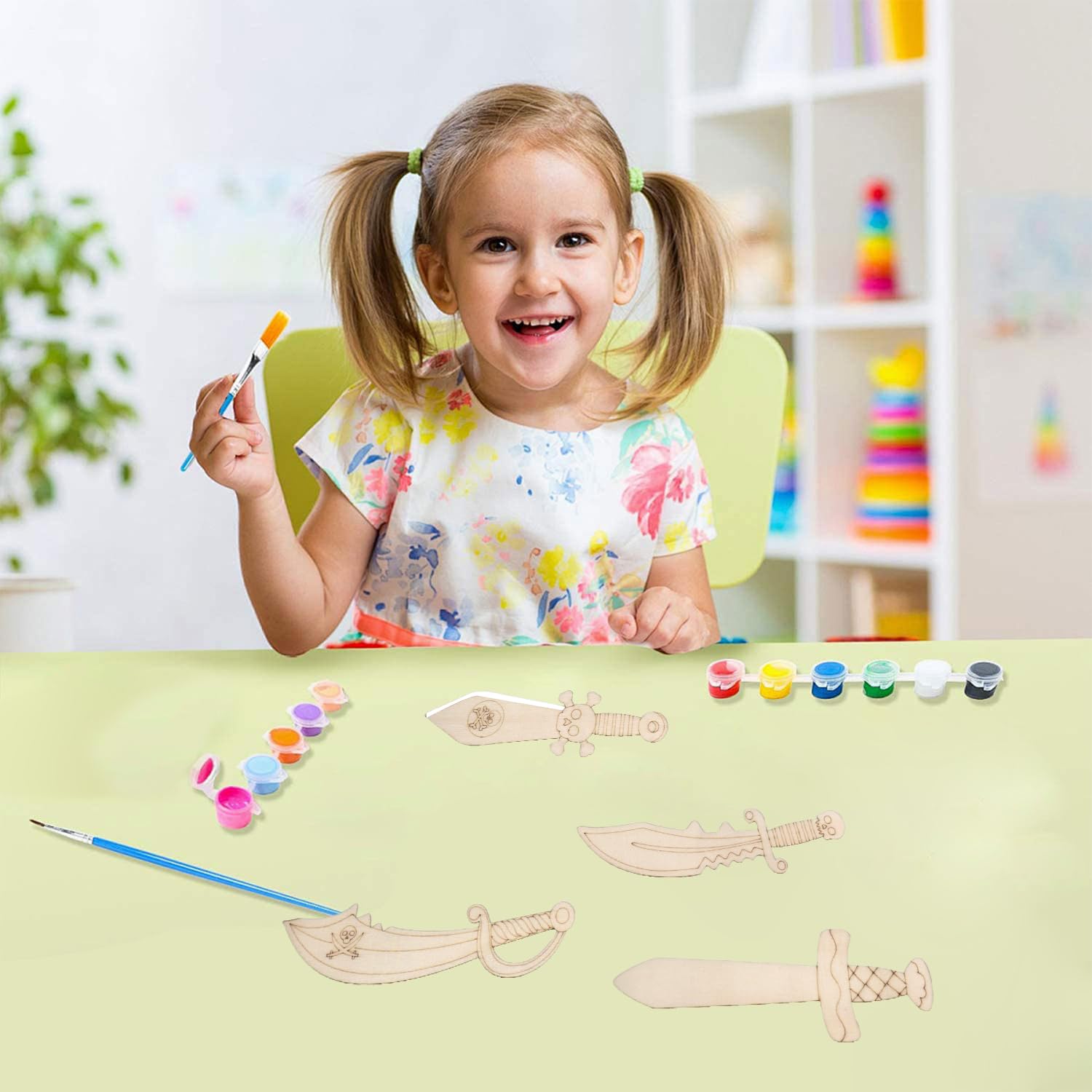 SZZETK 12 Pièces D'épée De Pirate En Bois Avec 12 Stylos De Couleur, Peinture D'épée De Pirate, Sabre De Pirate Créatif En Bois, Loisir Anniversaire Pirate Jouet Carnaval Halloween Artisanat Classe