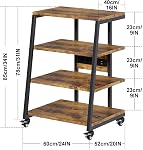 4-Tier AV Media Stand with Power Strips, Wooden Media Console with LED Lights, Wheels, Height Adjustable Rolling Audio Cabinet Rack Tower Stereo Rack for Gaming Consoles/DVD Player/Amplifier/Cable Box | Turntable Table with Wheels & LED Lights, Stere