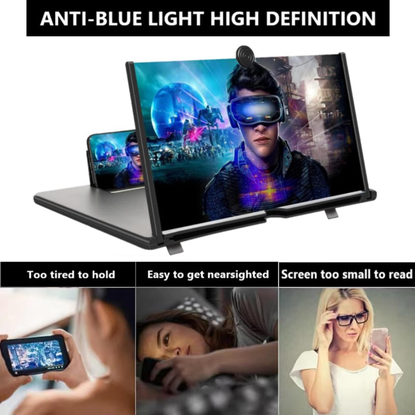 Lente ingrandimento smartphone,16 pollici 3D HD Amplificatore schermo cellulare, Ingranditore schermo smartphone,per guardare film e video per tutti smartphone (Nero)