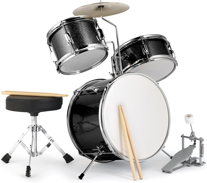 3-Piece Drum Set with Throne Stool for Beginners, Black | 14 Inch Poplar Junior Kids Drum Kit, Included Bass Drum Pedal, 2 Pairs of Drumsticks, Cymbal, Tom, and Snare Drum