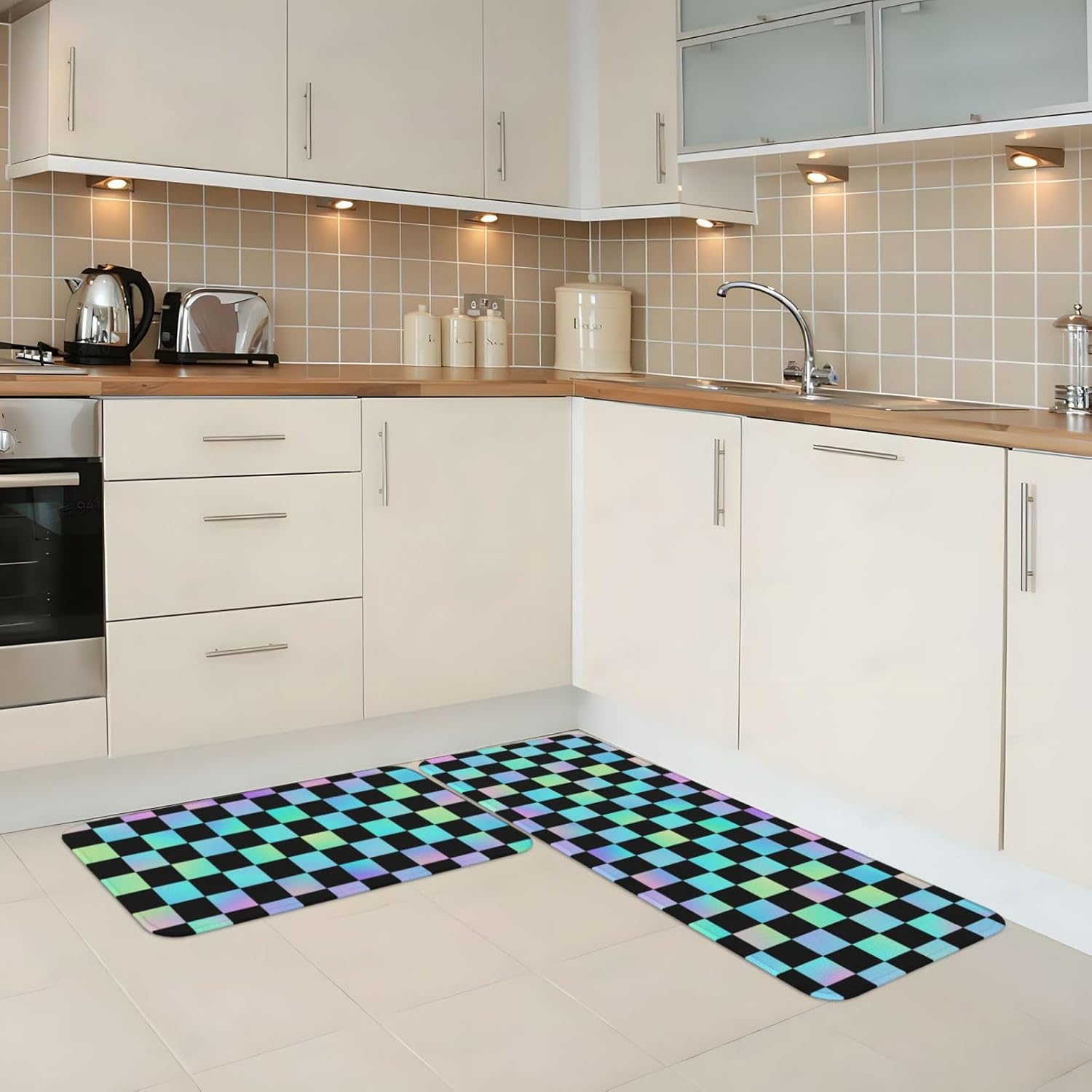 2 Piece Kitchen Mats for Floor, Anti Fatigue Mats for Kitchen Floor, Iridescent Checker Print Kitchens Rugs Non Slip Washable Sets of 2, Home Decor