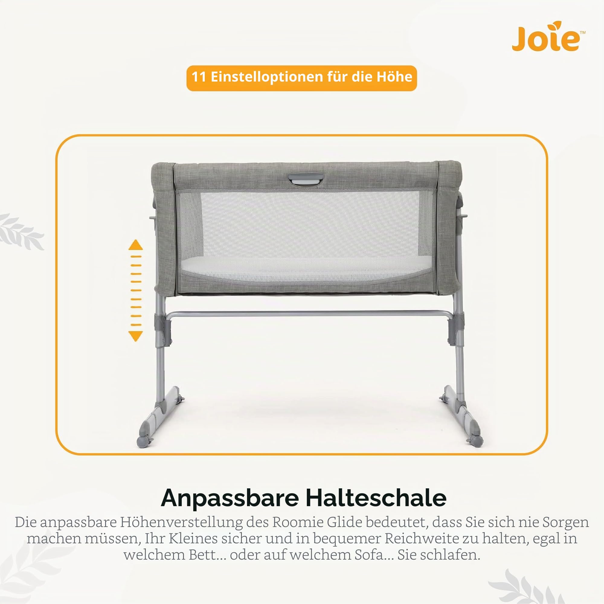 Joie roomie™ Glide Beistellbett, ab Geburt bis 6 Monate (0–9kg), Foggy Grey | Beistellbett und Wiege mit wiege funktion, Absenkbares Seitenteil, Neigung, höhenverstellbar und Tragetasche inklusive.