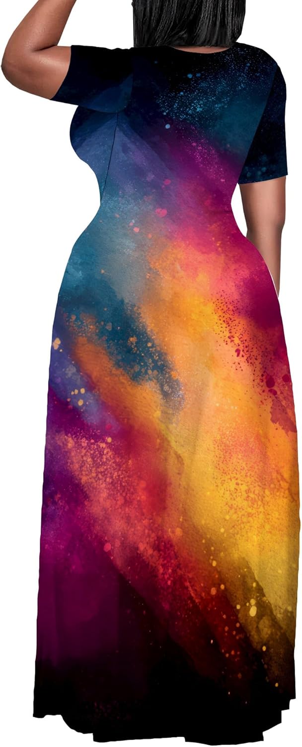 Plus Size Dress for Women Casual Crew Neck Short Sleeve Maxi Dress Oversized Summer Beach Dresses with Pockets - Image 3
