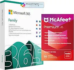 Microsoft 365 Family + Antivírus McAfee Premium Family 2024 - Licenças Físicas para Dispositivos, Segurança Avançada e Suporte Técnico (PAI) (Microsoft 365 Family Antivírus Premium Family)