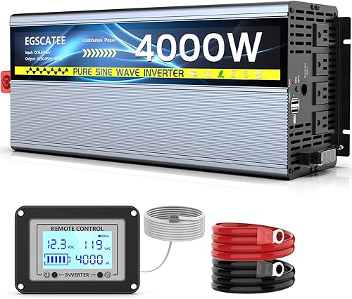 Miniatura 1 de EGSCATEE Inversor de onda sinusoidal pura de 4000 vatios (pico) 8000 W convertidor de 12 V a 110 V, con 4 salidas de CA, 2 puertos USB, indicador de
