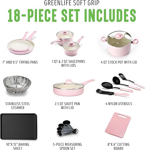 Miniatura 3 de GreenLife Soft Grip - Juego de utensilios de cocina antiadherentes de cerámica saludable de 18 piezas, ollas y sartenes para salsa, sin PFAS con