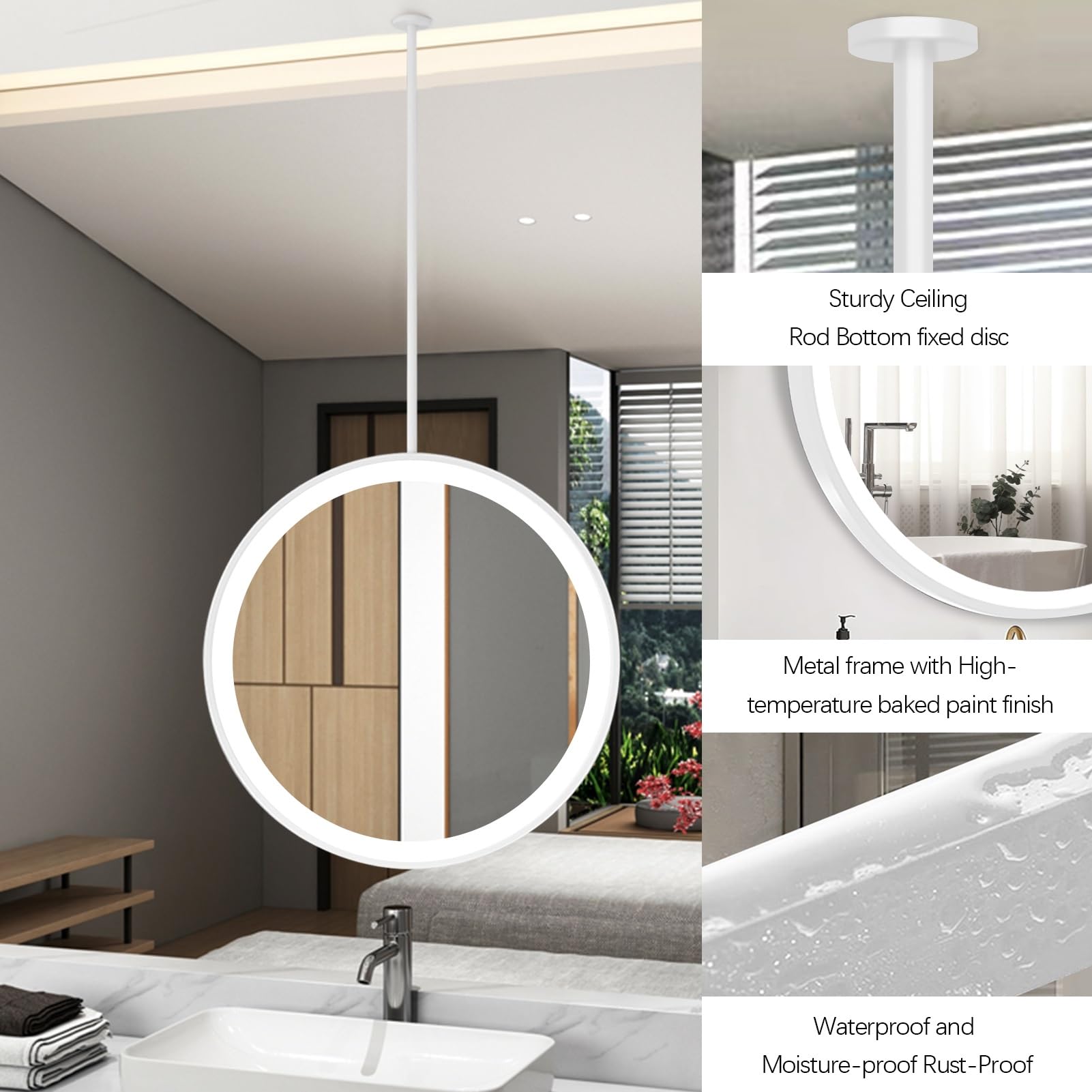 LED na ścianę, biały sufit wiszący pręt ze światłami, dekoracyjne okrągłe lustra do domu do sklepu wejściowego do hotelu - szklane lustro HD (średnica - 60 cm/23,6 cala)