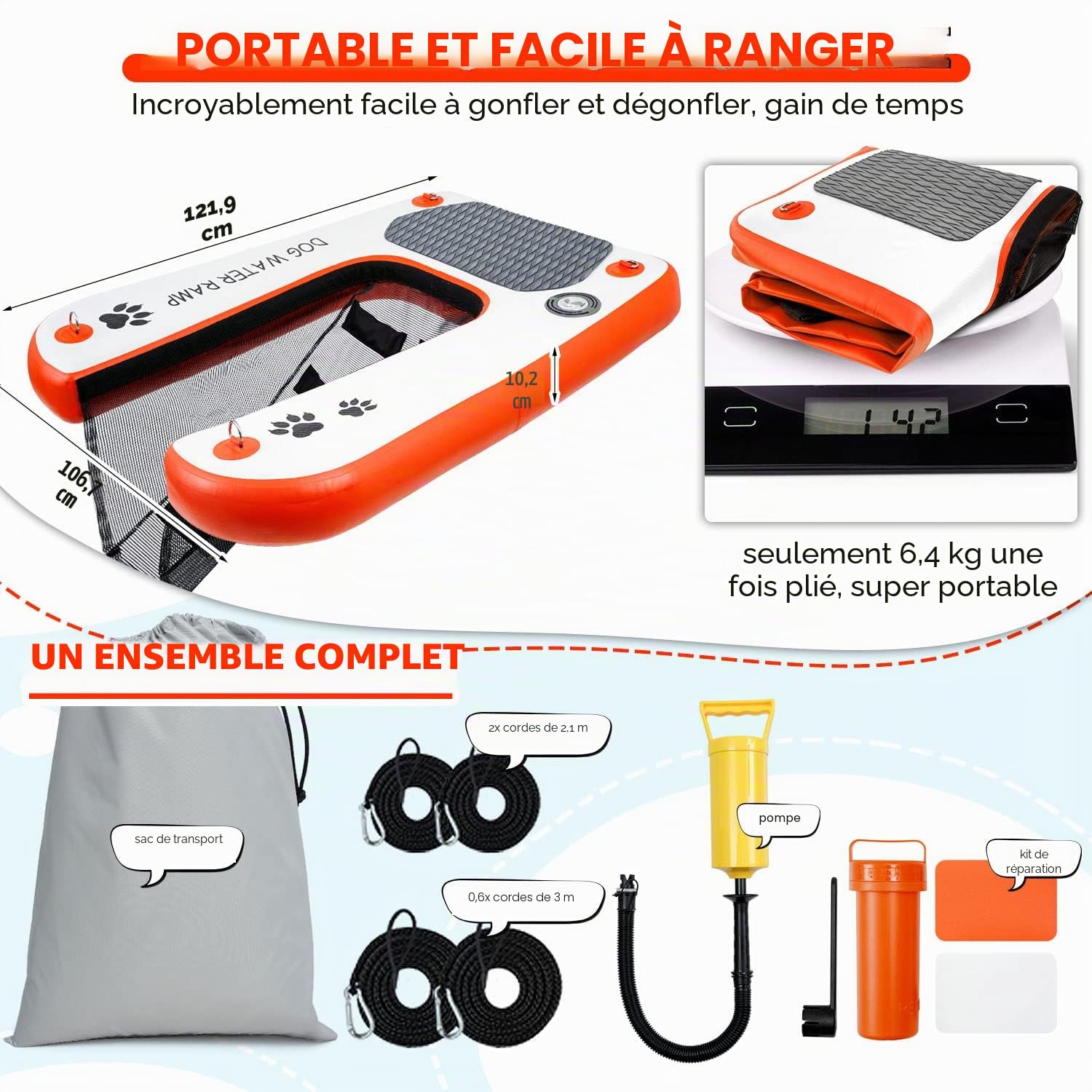 Rampe gonflable pour chien et piscine, échelle flottante extra large pour piscine, quai et bateau, rampe d'eau antidérapante pour chien avec haute stabilité, échelle de piscine pour chien de 68 kg