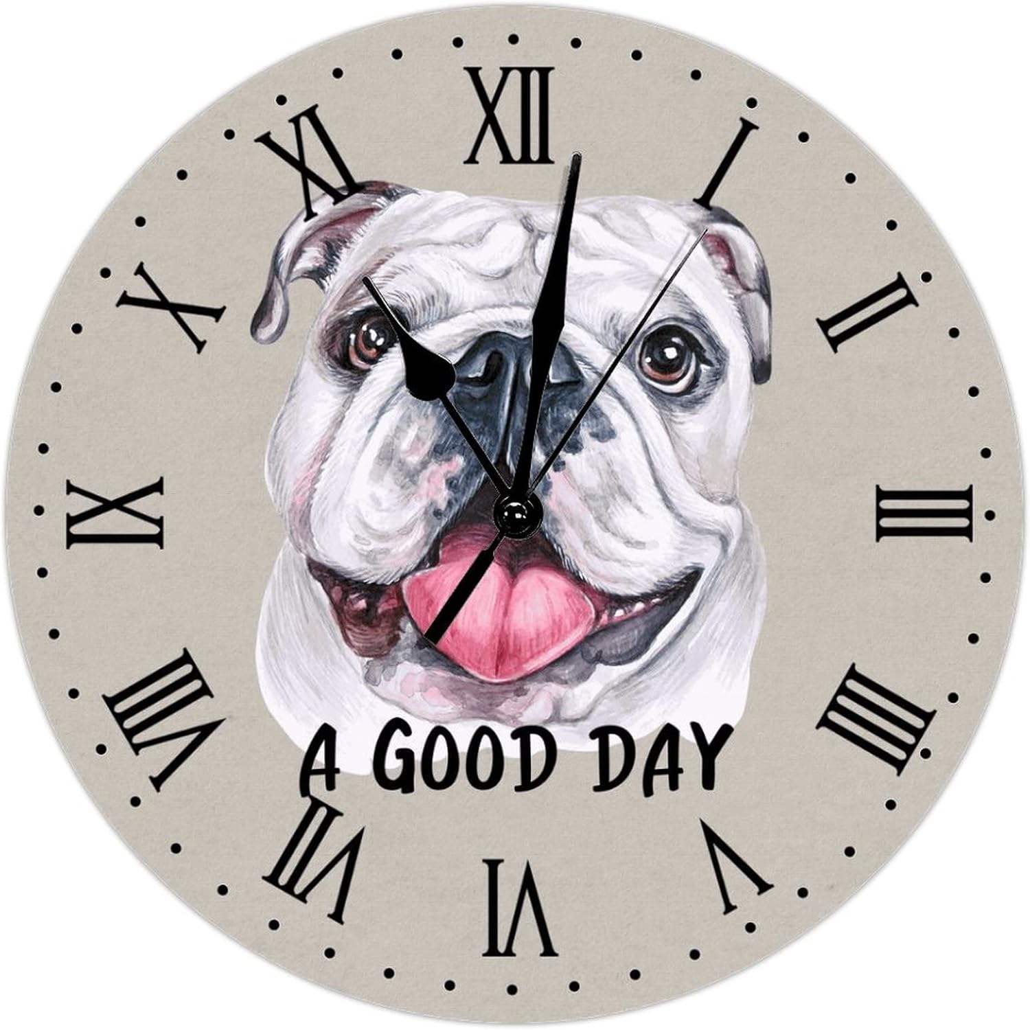 Watercolor English Bulldog Wall Clock A Good Day Dog Decor English Bulldog Dog Breeds Wooden Wall Clocks Battery Operated 15 Inch Silent Farmhouse Wall Decor for Home Kitchen Office School Bathroom