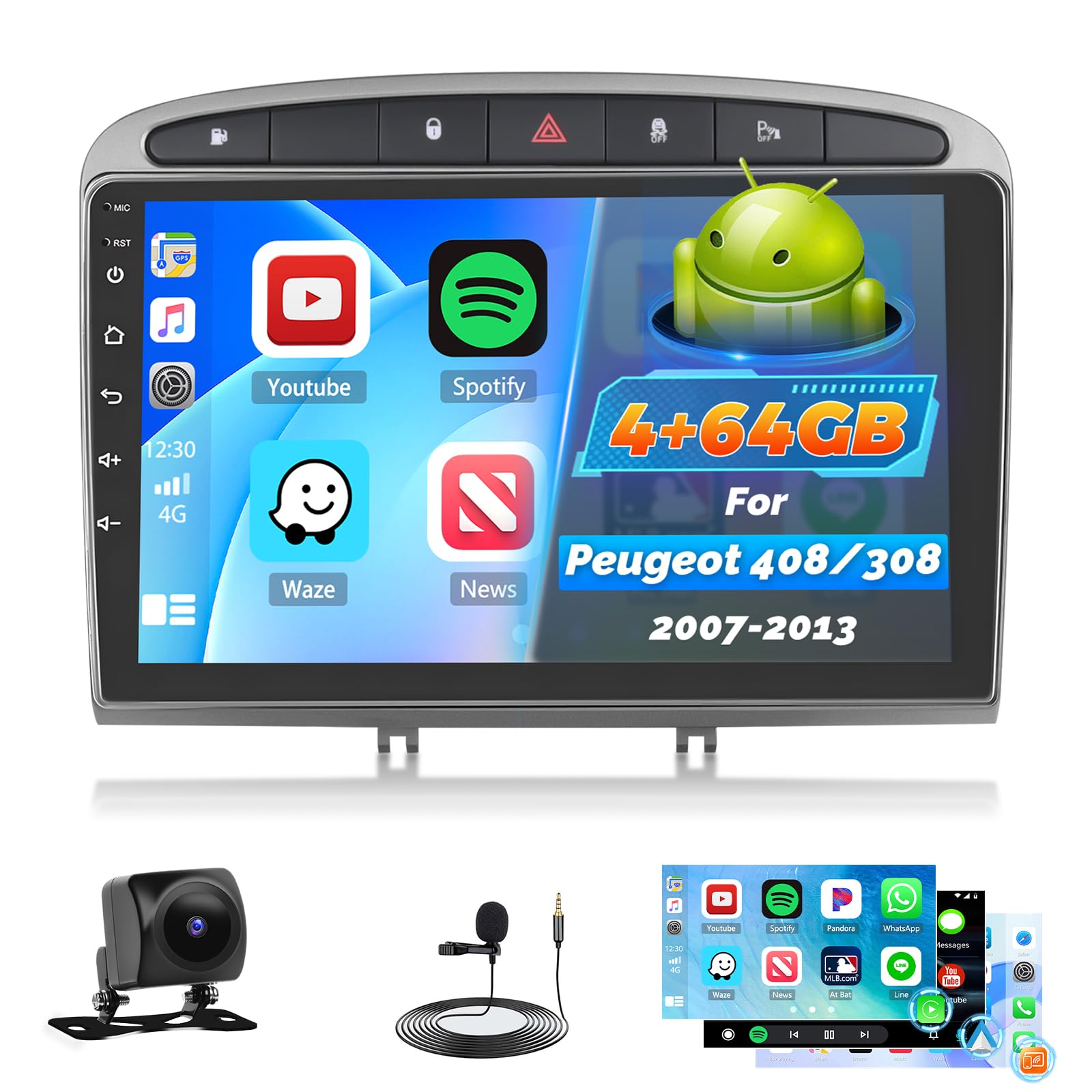 Autoradio Android 8 Core 6+128GB Per Peugeot 308/408 2007-2015 – 9 Pollici, CarPlay Wireless, GPS, DSP HiFi