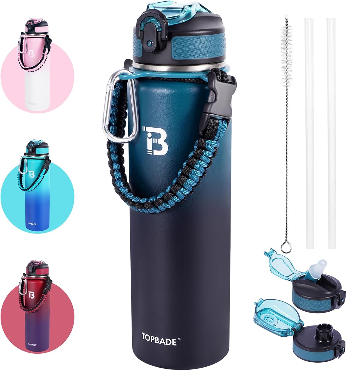TOPBADE Botella de agua aislada de 32 oz con tapa de paja y tapa de pico y mango de paracaídas, botella de agua de acero inoxidable de boca ancha, doble pared para mujeres, hombres, gimnasio, fitness al aire libre