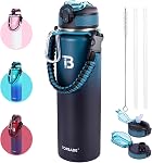TOPBADE 32oz Water Bottle Stainless Steel with Straw, Insulated Water Bottle with Paracord Handle & Spout Lids, Double Wall Sweat-Proof BPA-Free Metal Insulated Flask