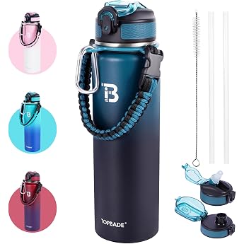 topbade stainless steel sports water bottle with straw lid & no straw lid 700 ml bpa-free leak-proof children's bottle with paracord handle carbonated water bottle thermal for school fitness