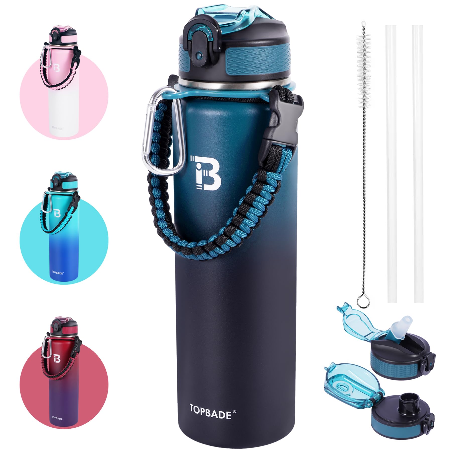 DIGJUPER Borraccia Termica 1,9 Litri In Acciaio Inox – Con Custodia, Manico Paracord Da Sopravvivenza (Bussola, Pietra Focaia), 2 Coperchi, Tracolla, Per Sport E Trekking