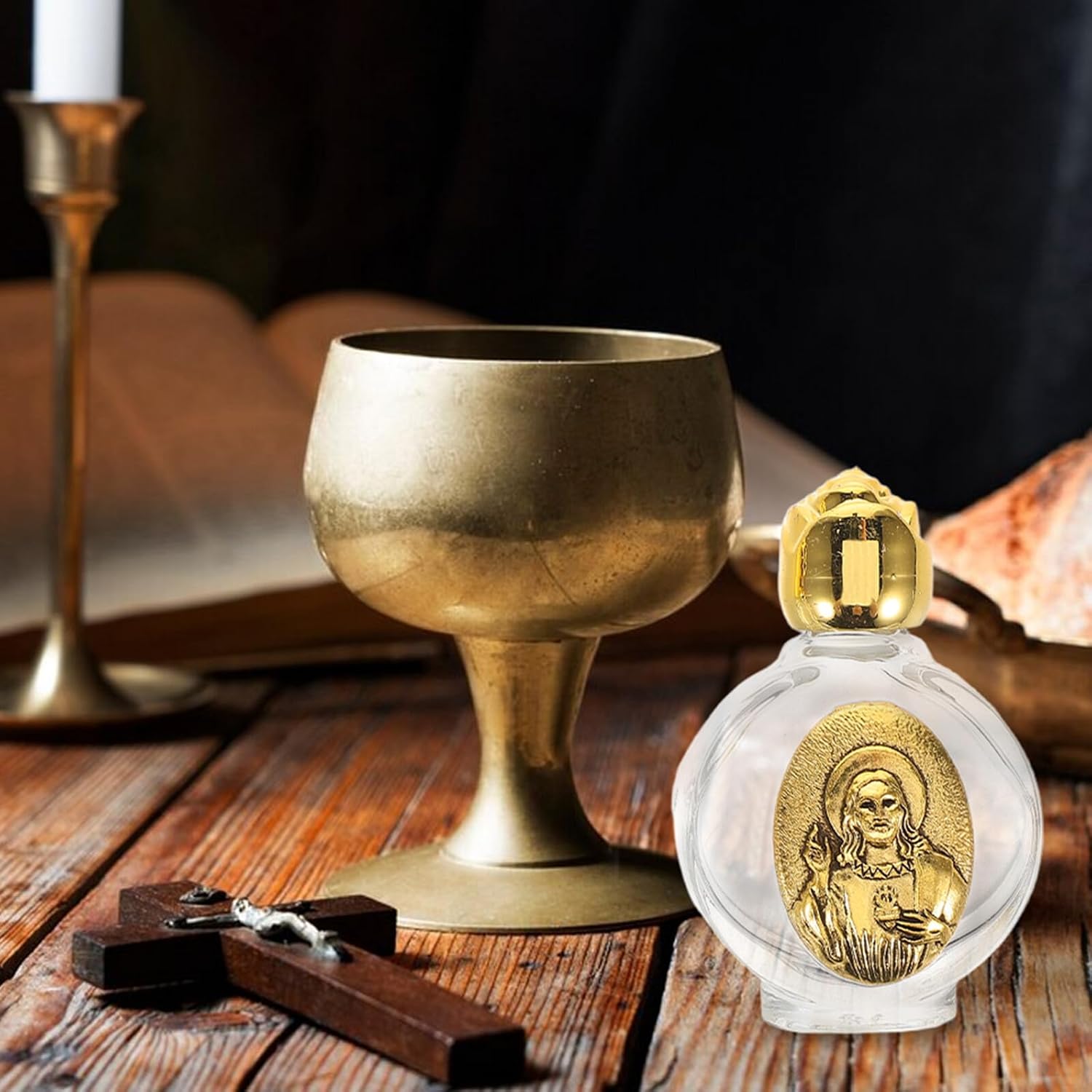 Decorative Holy Water Bottles 4pcs Set, Portable Refillable Glass Containers with Rose Embossed Design, Vintage Essential Oil and Perfume Bottles for Baptism, Wedding, Religious