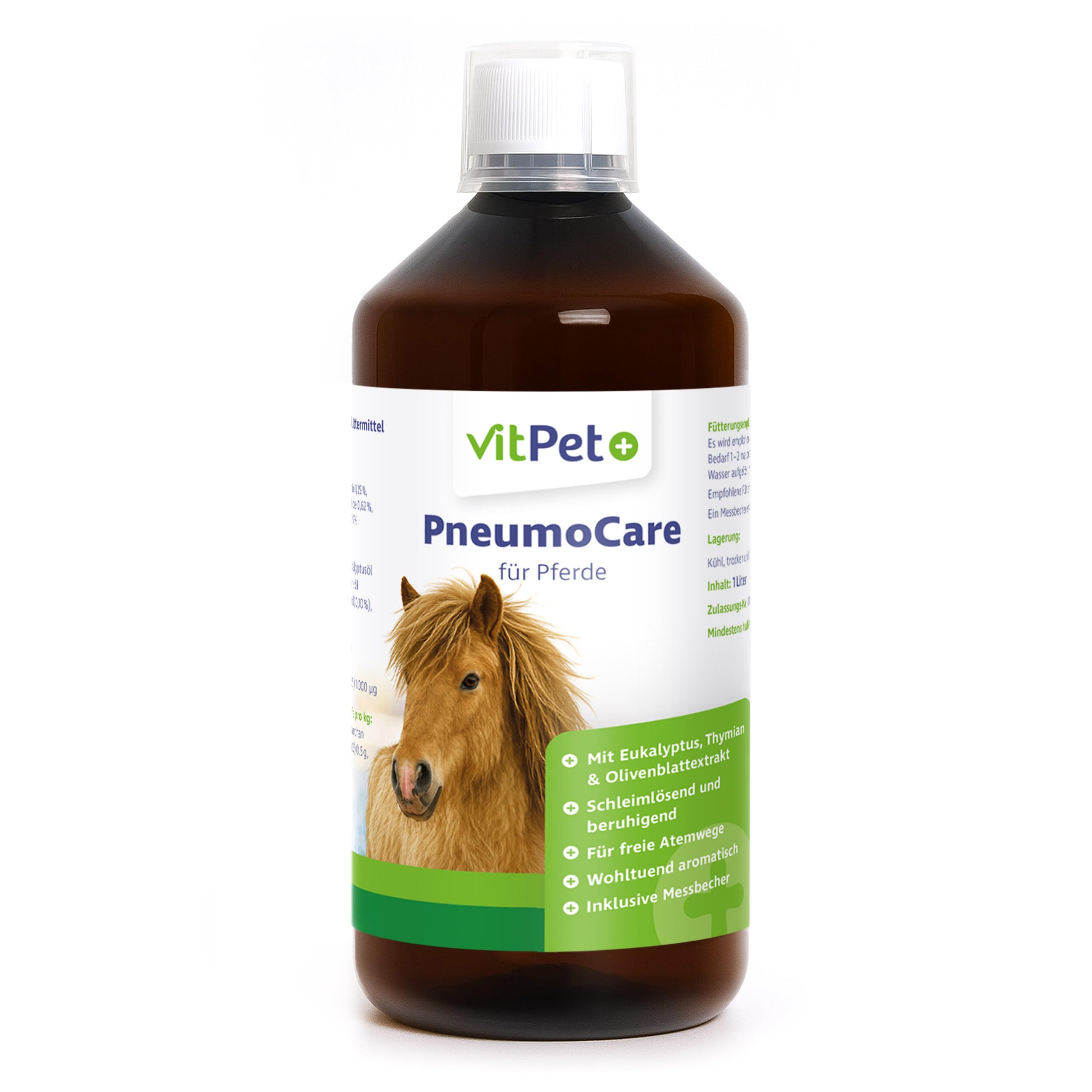 PneumoCare – Hustensaft für Pferde – 1000 ml – Bei Husten Pferd – Schleimlösend und beruhigend – Mit Eukalyptus, Thymian und Olivenblattextrakt – Unterstützt Bronchien und Immunsystem