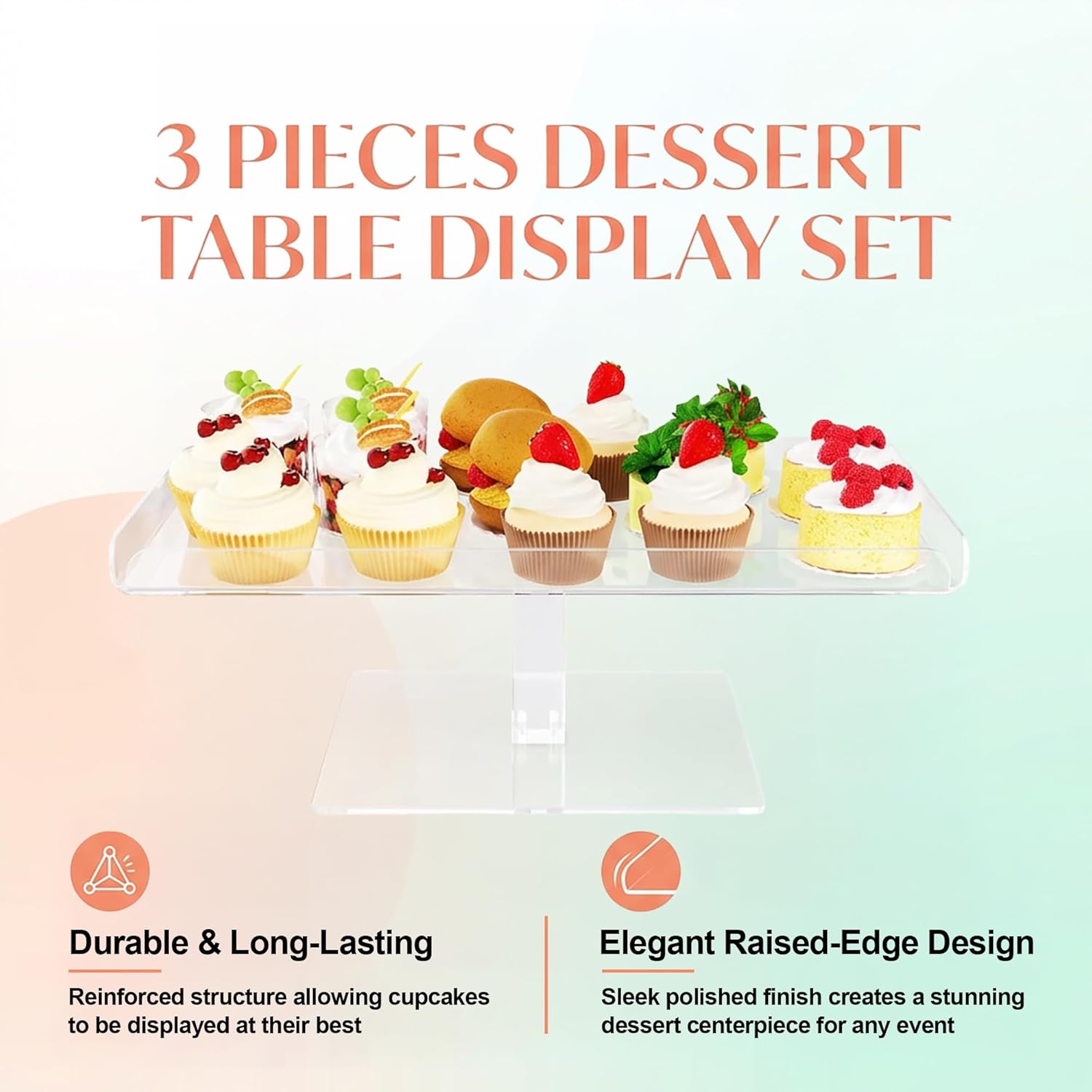 Jusalpha Set of 3 Acrylic Cupcake Stand, 3 Tiered Party Serving Tray, Clear Rectangular Dessert Display, Heavy Duty Construction (Rectangle-Bottom Disconnect)