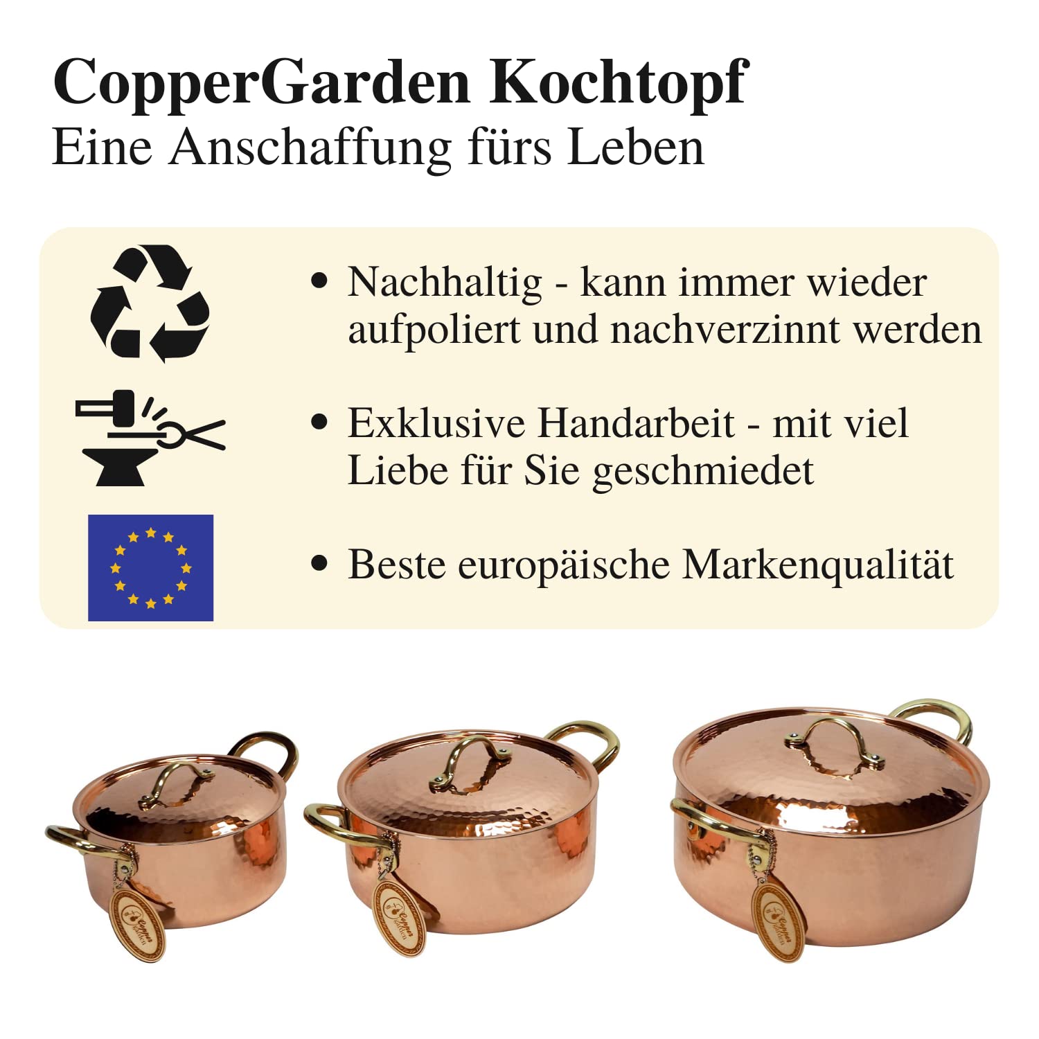CopperGarden Kupfertöpfe 3er Set mit Deckel & Messinggriffe I Gehämmerte Kupferkochtöpfe: Ideale Wärmeleitung & -verteilung I Robuste Kupfer Töpfe mit 100% Zinn beschichtet