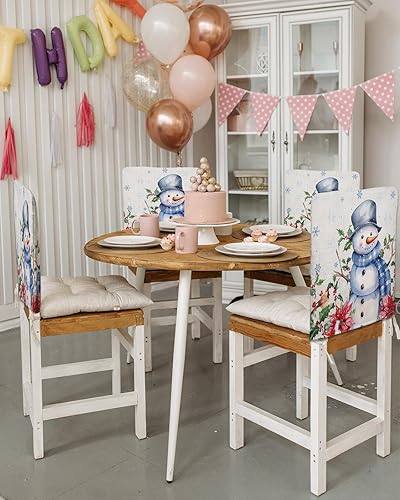 Miniatura 3 de Paquete de 4 fundas de respaldo de silla de Navidad con muñeco de nieve azul para sillas de comedor, fundas extraíbles lavables para silla de
