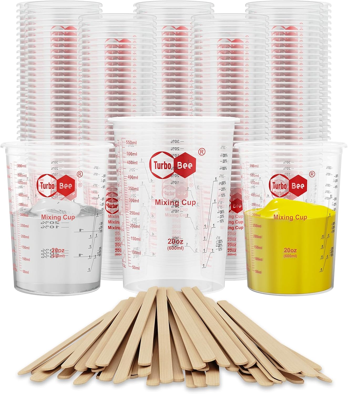 20oz Resin Mixing Cups - [Easy-Separate Design] 100 Pack Graduated PP Plastic Mixing Cups for Epoxy Resin, Paint & Automotive - Includes 100 Stir Sticks, Calibrated Ratios 2:1 3:1 4:1, ML & OZ