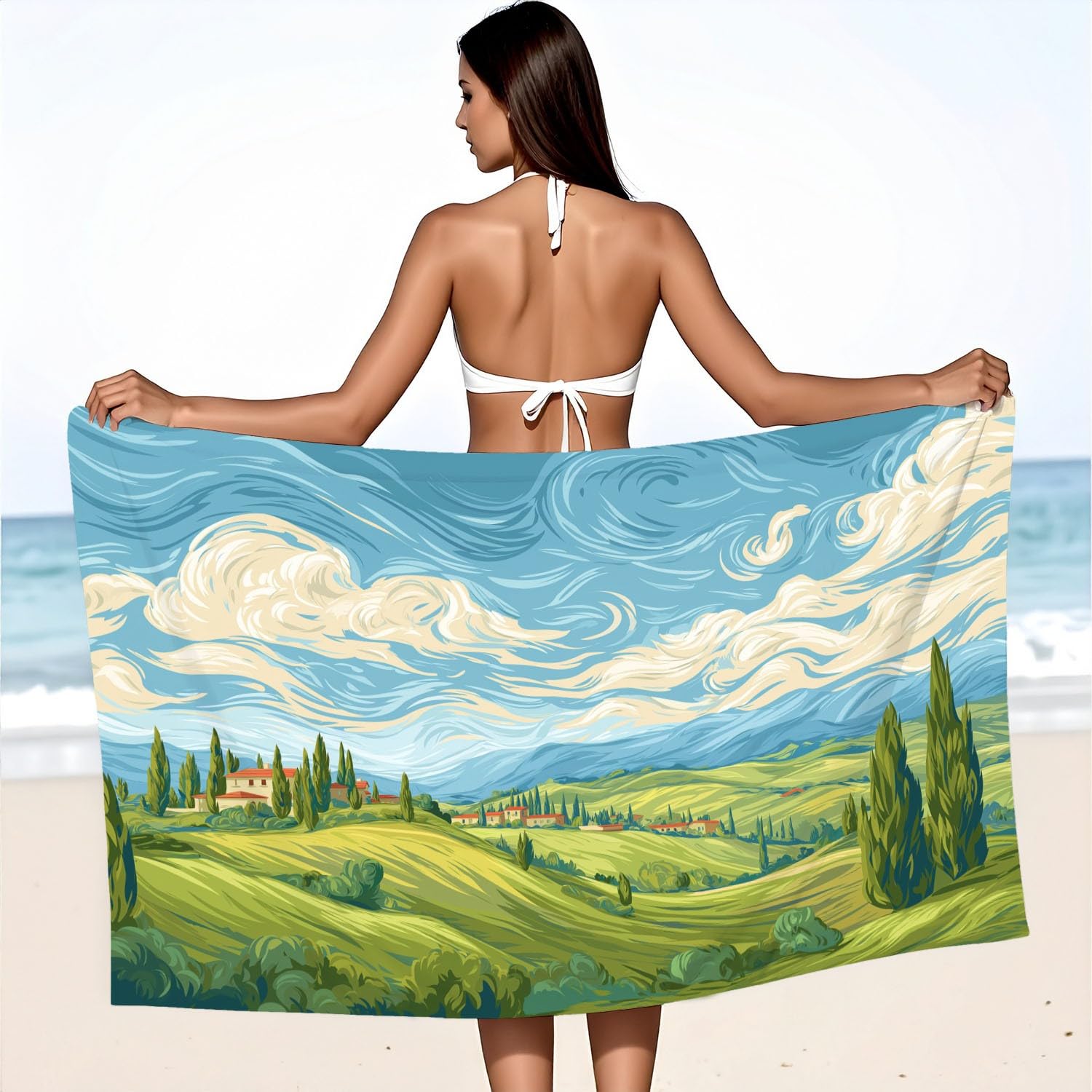 Générique Grande Serviette de Plage 210 x 135 CM,Drap de Plage Microfibre,Couverture de Plage Absorbante Rapide pour Paysage Collines, Cyprès, Ciel