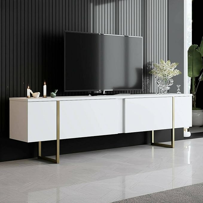 Dmora - Mobile porta TV Centaurus, Credenza da soggiorno, Armadio basso per TV, Base parete attrezzata, 180x30h50 cm, Bianco e Oro