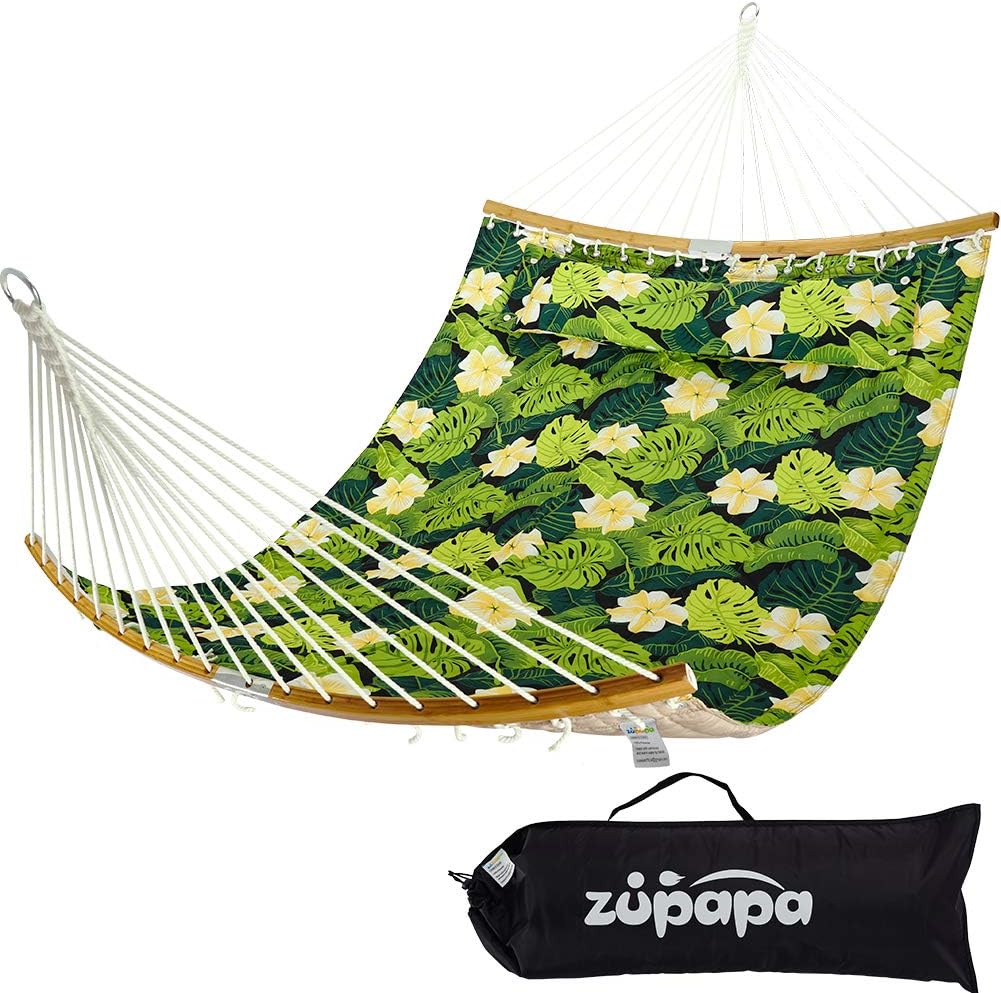Zupapa Quilted Double Hammock, 2 Person Hammock with Spreader bar and Detachable Pillow, Heavy-Duty Hammock Perfect for Patio Yard, Large Hammocks with Carrying Bag