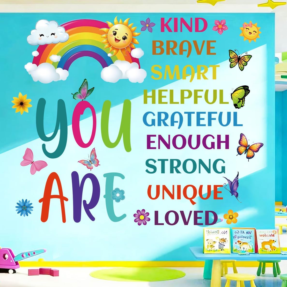 Colorful Inspirational Wall Decal Motivational Inspirational Lettering Quote Sticker You are Kind Brave Smart Wall Sticker for Classroom Nursery Kids Decoration