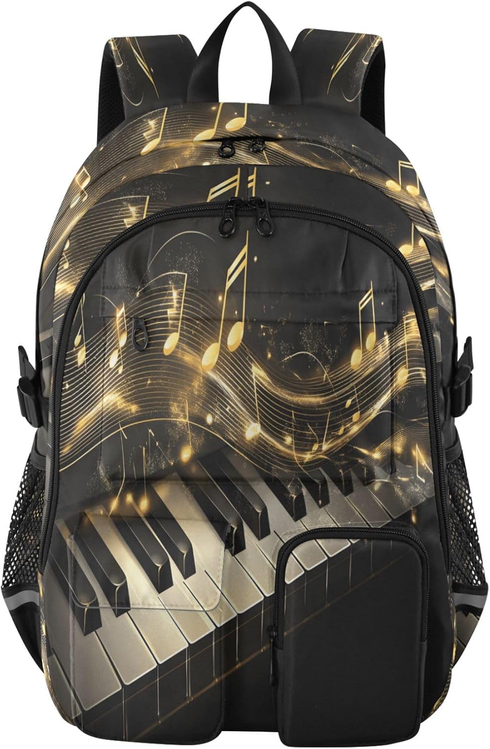 Student Laptop Backpack, Piano Keys Music Notes Gold 30L Travel Daypack for Teens College, Casual School Shoulder Bag for Women Men Boys Girls, Fits 14 inch Laptop