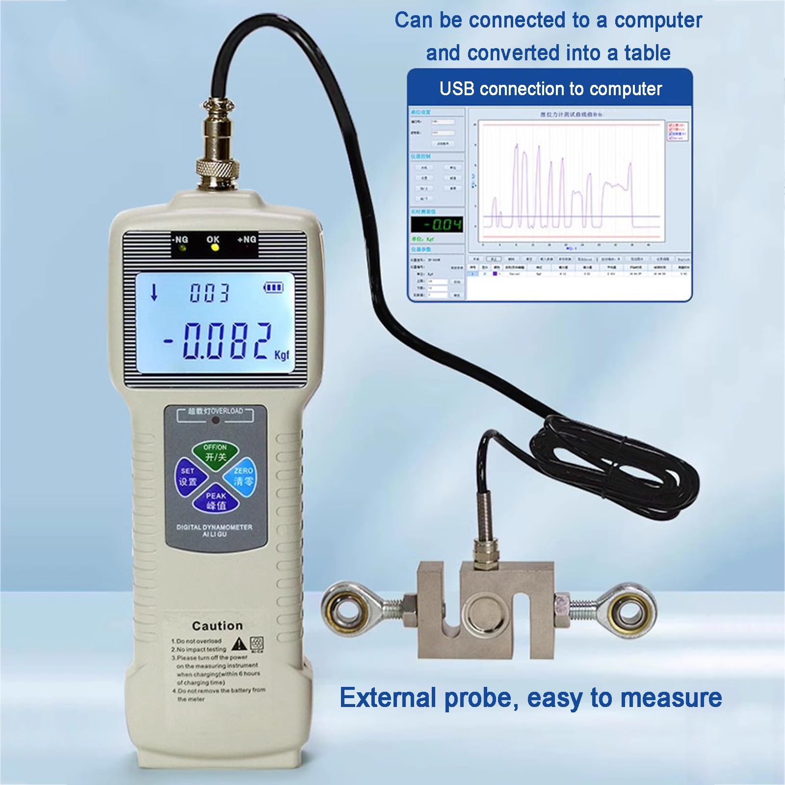 Misuratore di Forza Digitale, Misuratore Push-Pull, con Sensore di Cella di Carico Esterno, con Uscita Dati USB in Tempo Reale/Picco, Ricaricabile, Dinamometro