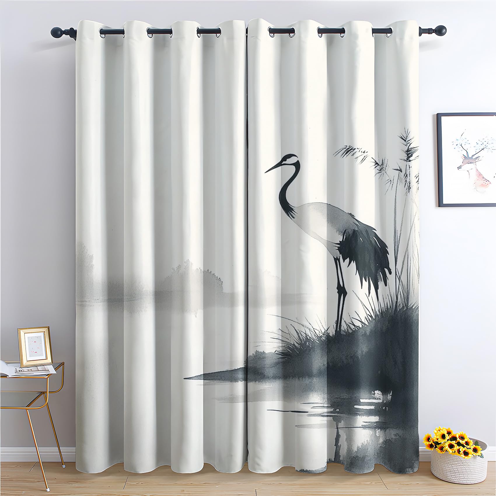 NejZoltrix Japanese Crane Blackout Curtains, Cranes Window Curtains & Bedroom Decor Bird Ink Art Curtains for Living Room, Thermal Grommet Drapes 84
