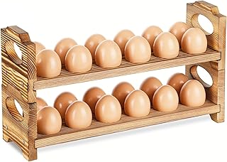 Wooden Egg Holder Countertop, Stackable Wooden Egg Storage & Organizer, 2-Tier /24-Hole Farmhouse Eggs Rack Wood with Handle for Fresh Eggs to Store Chicken/Duck/Quail/Turkey/Easter Egg