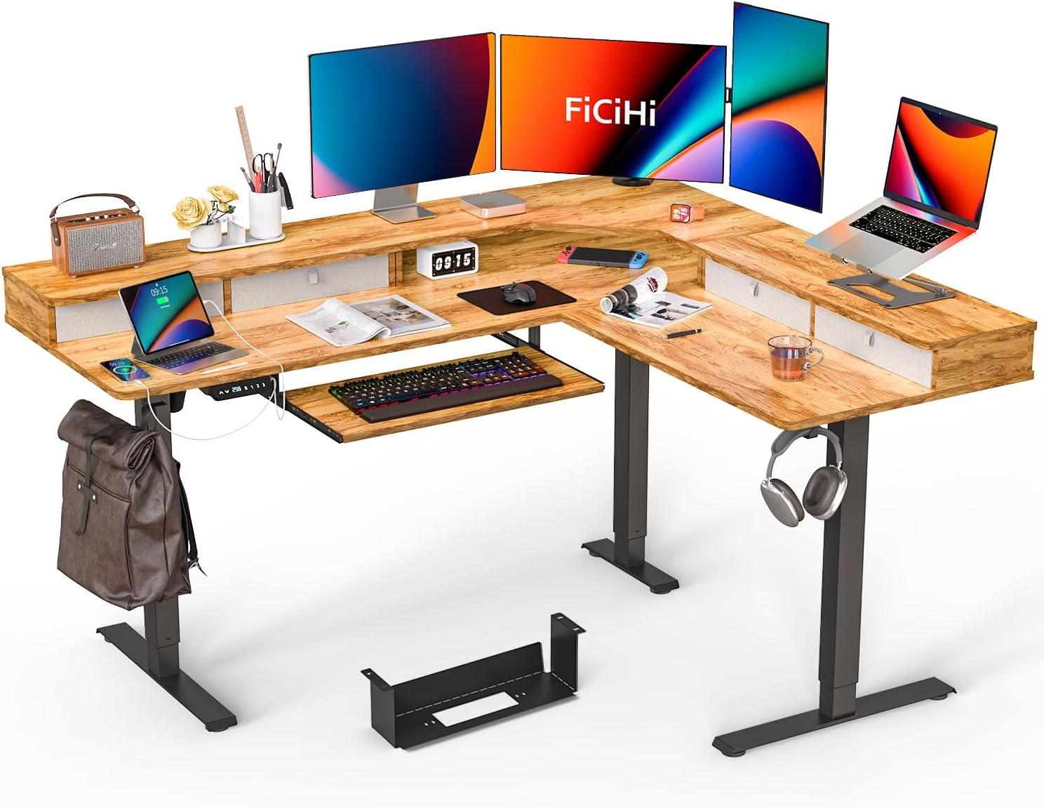 FiCiHi L Shaped Standing Desk with USB Charging Ports, 63x55 Inch Electric Height Adjustable Large Corner Sit Stand Up Table with 4 Drawers, Keyboard Tray, Cable Management, Home Office Computer Desk