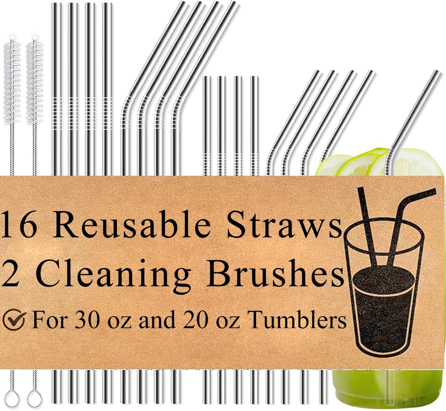 16-Pack Reusable Stainless Steel Metal Straws with Cleaning Brush – Long Metal Straws Drinking for 30 oz and 20 oz Tumbler Eco Friendly