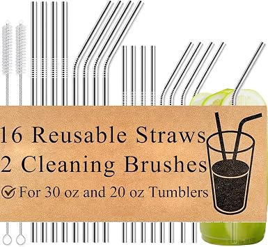 18-Pack Reusable Stainless Steel Metal Straws with Cleaning Brush - Long Metal Straws Drinking for 30 oz and 20 oz Tumbler Eco Friendly