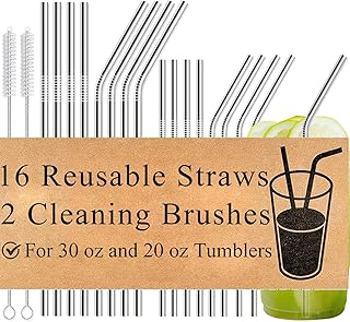 16-Pack Reusable Stainless Steel Metal Straws with Cleaning Brush - Long Metal Straws Drinking for 30 oz and 20 oz Tumbler Eco Friendly