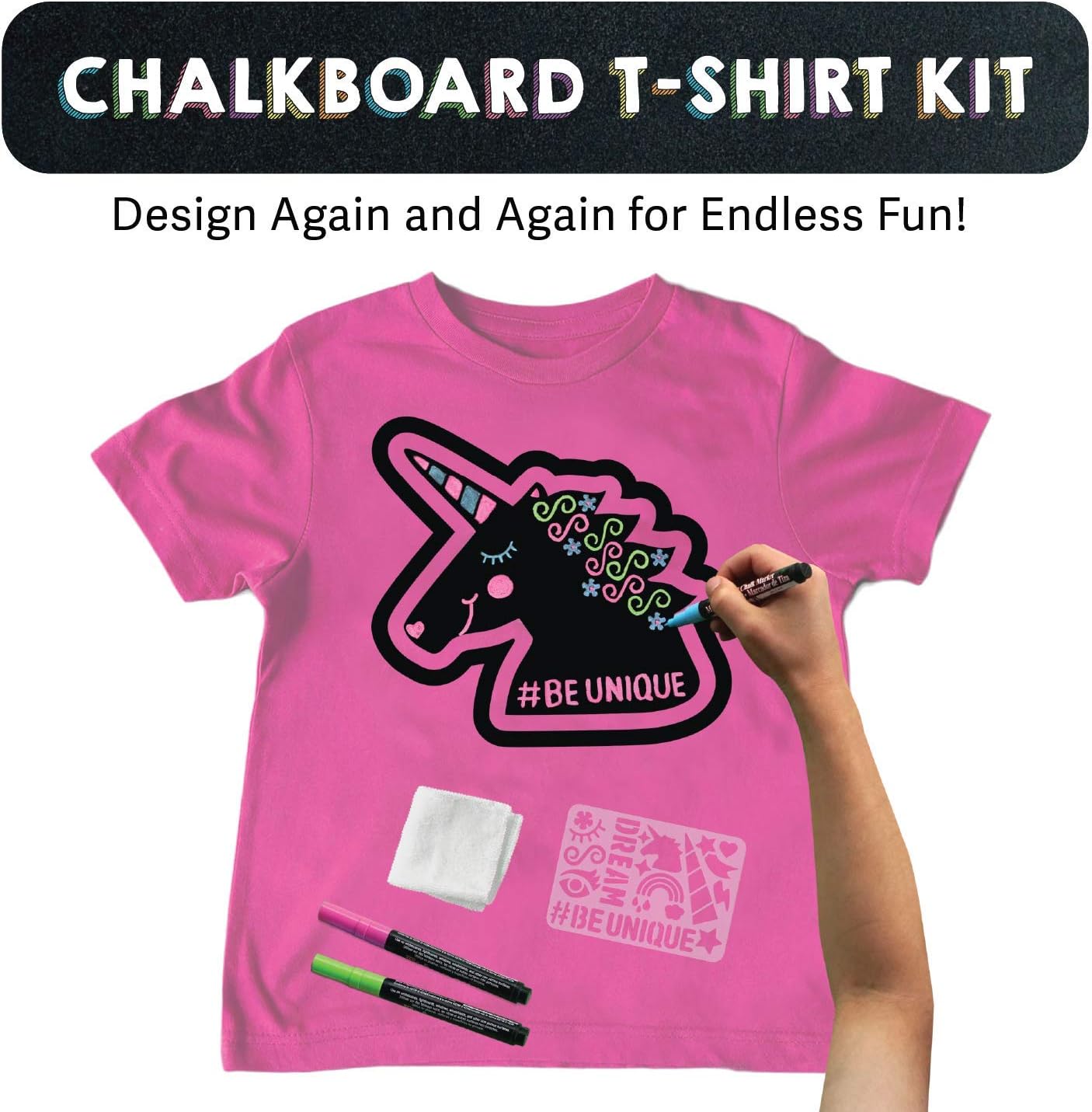Chalk of the Town Pink Unicorn Chalkboard Short Sleeve T-Shirt Kit for Kids with 3 Markers and 1 Stencil (Youth Large)