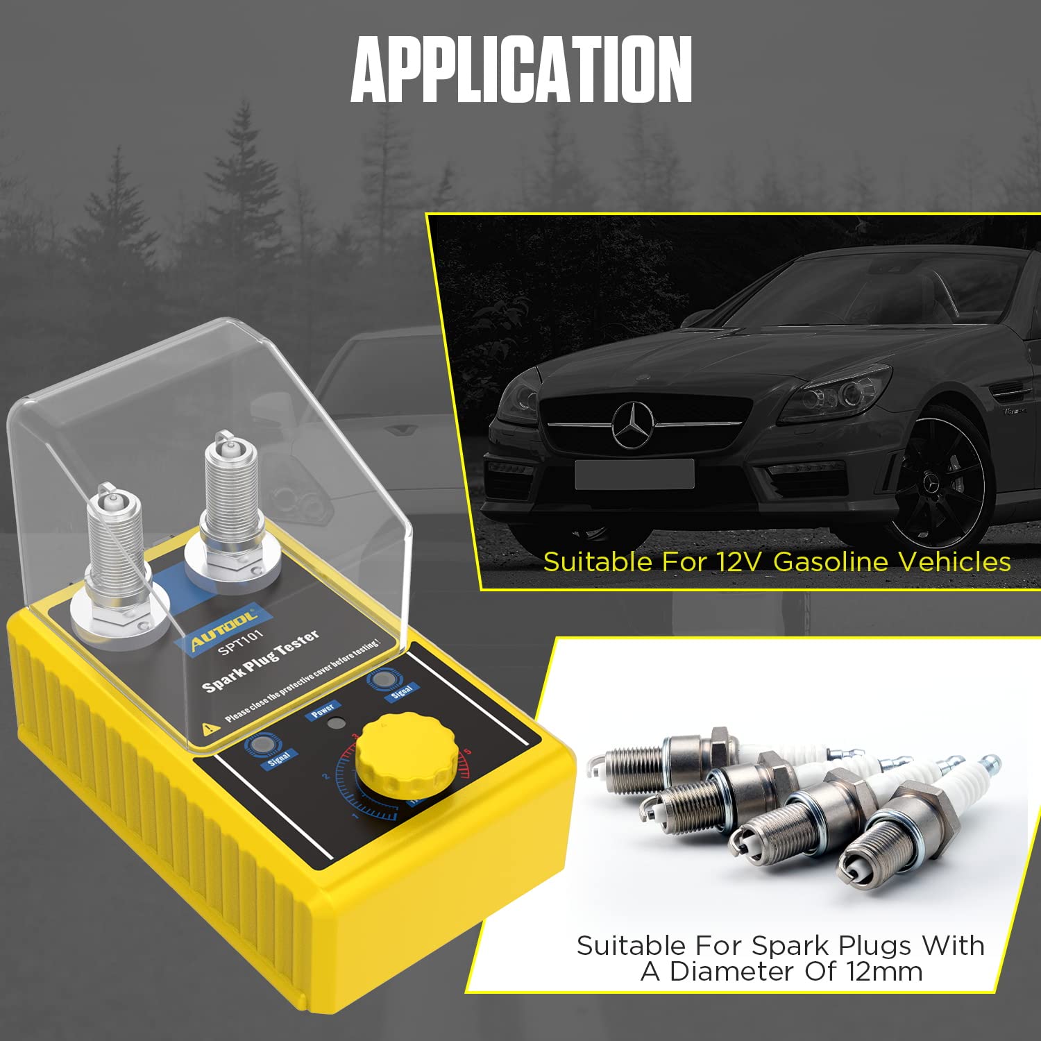 AUTOOL SPT101 Spark Plug Tester showing application for 12V gasoline vehicles and 12mm spark plugs