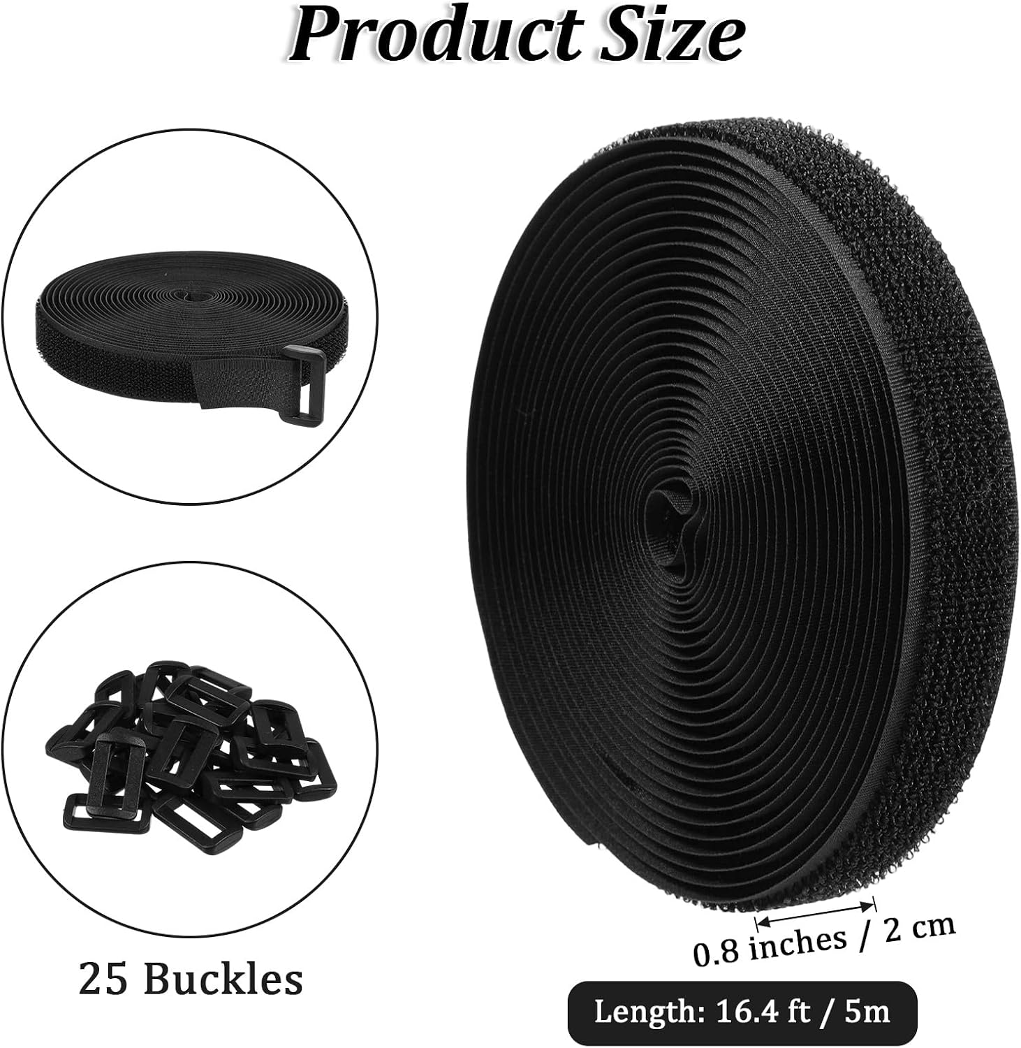 0.8" x 16ft Hook and Loop Straps with 25 Metal Buckles, Adjustable Fastening Cable Straps, Free Cut Length, Reusable Nylon Cable Ties Securing Cord Ties for Organizer or Storage, Black image 2