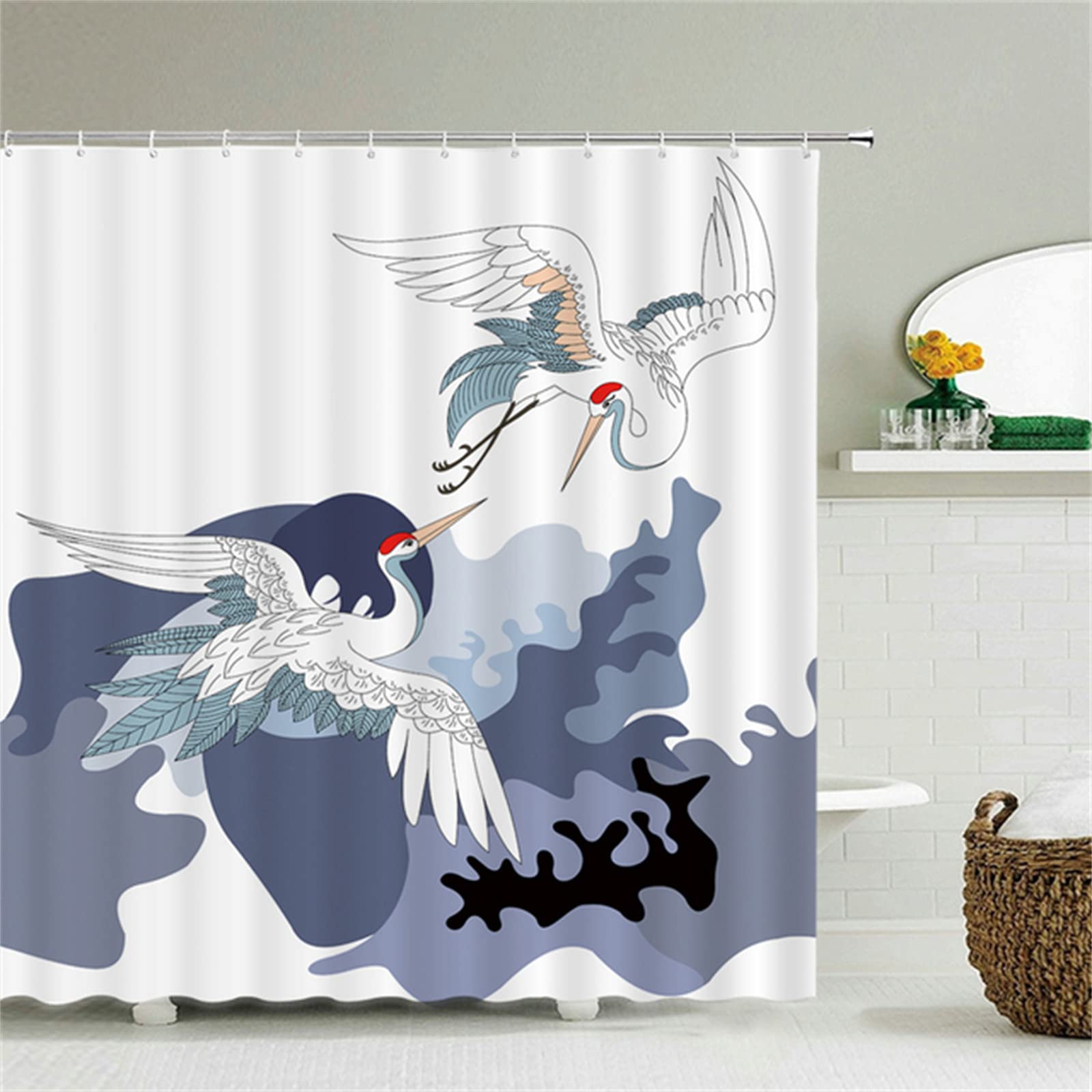 Cortinas de Ducha 250x200cm 3D Cortina de Baño Anti Moho Cortinas de Baño Antimoho Impermeable Lavables Textil de poliéster con 12 Ganchos para Cortinas Bañera y Baño Decorar Grulla Blanca Gris