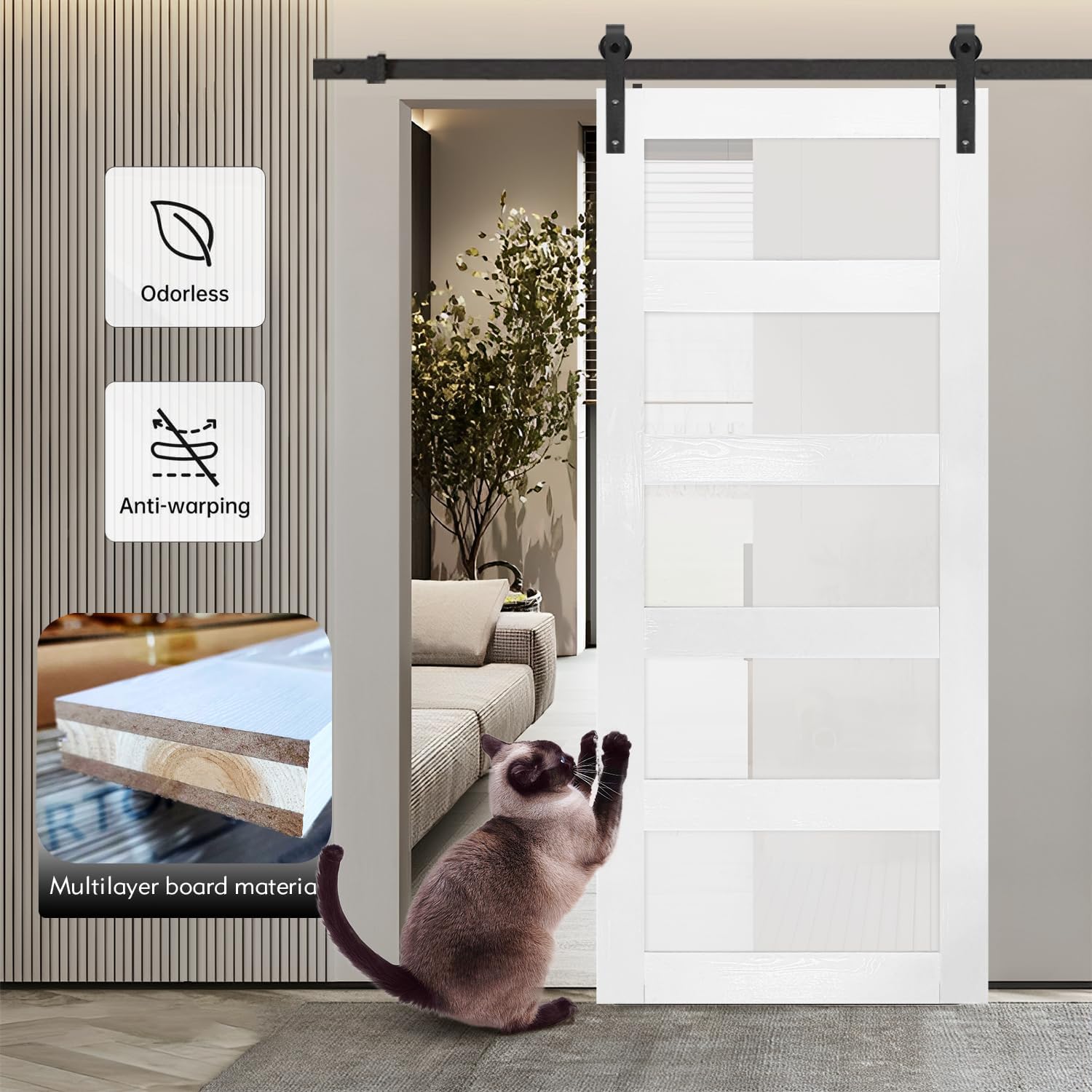 S&Z TOPHAND® 52 in x 80 in Glass Sliding MDF Barn Door with 10FT Sliding Door Hardware Kit, 5 Tempered Frosted Glass, Slab Inside Covered with Water-Proof PVC Surface, Simple DIY Assembly