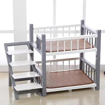 Solid Wood 2 Layer Dog Bunk Beds,Removable Pet Bunk Bed with Fence,Double Layer Cat Bed with Stairs,Dog Window Perch for Small and Medium-Sized Dogs and Cats22.4W18D23.6H, Gray