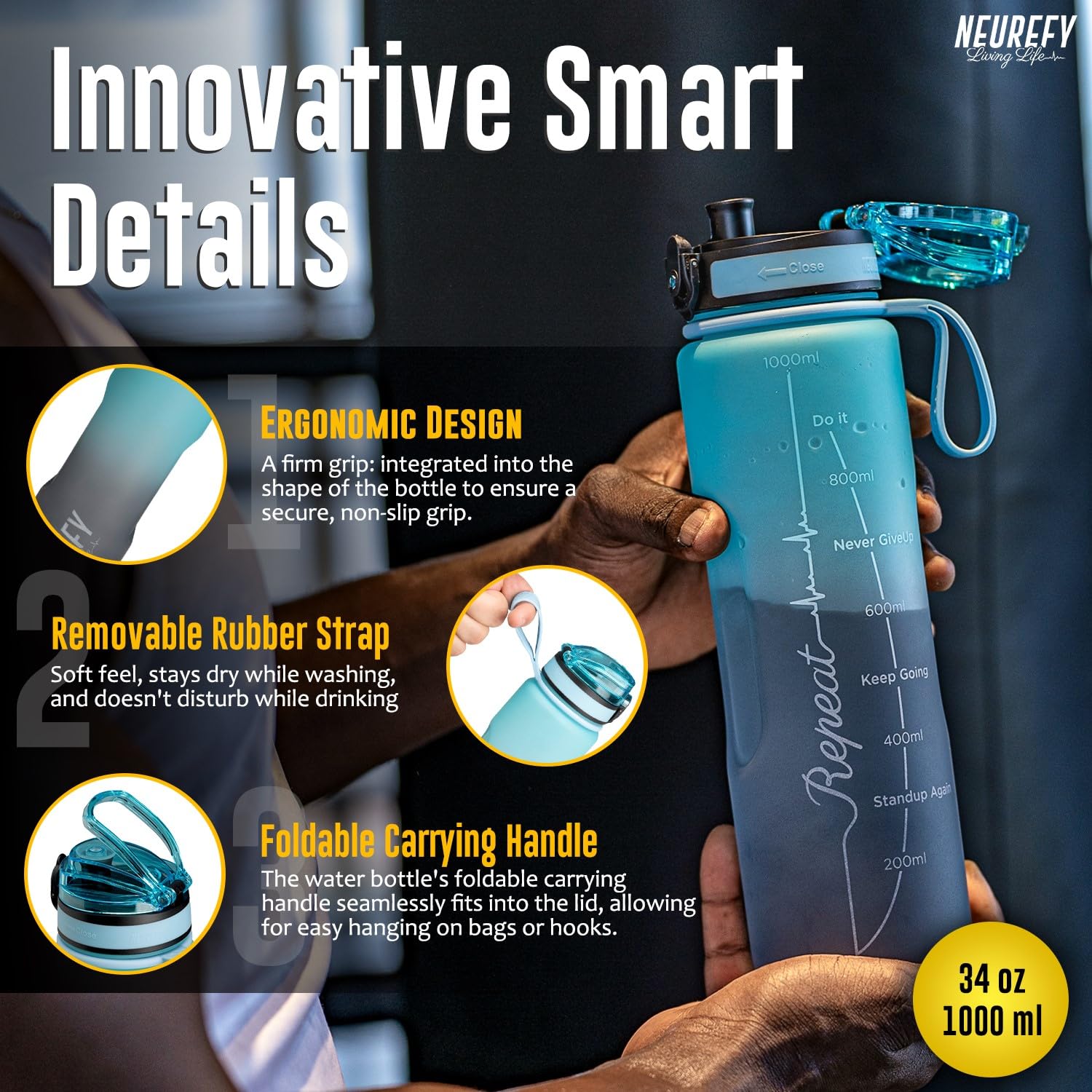NEUREFY Sports Water Bottle 1L Sky Blue Tritan, Leak-Proof & Easy-Grip Design, BPA-Free, Motivation bottle with Strainer - Image 2