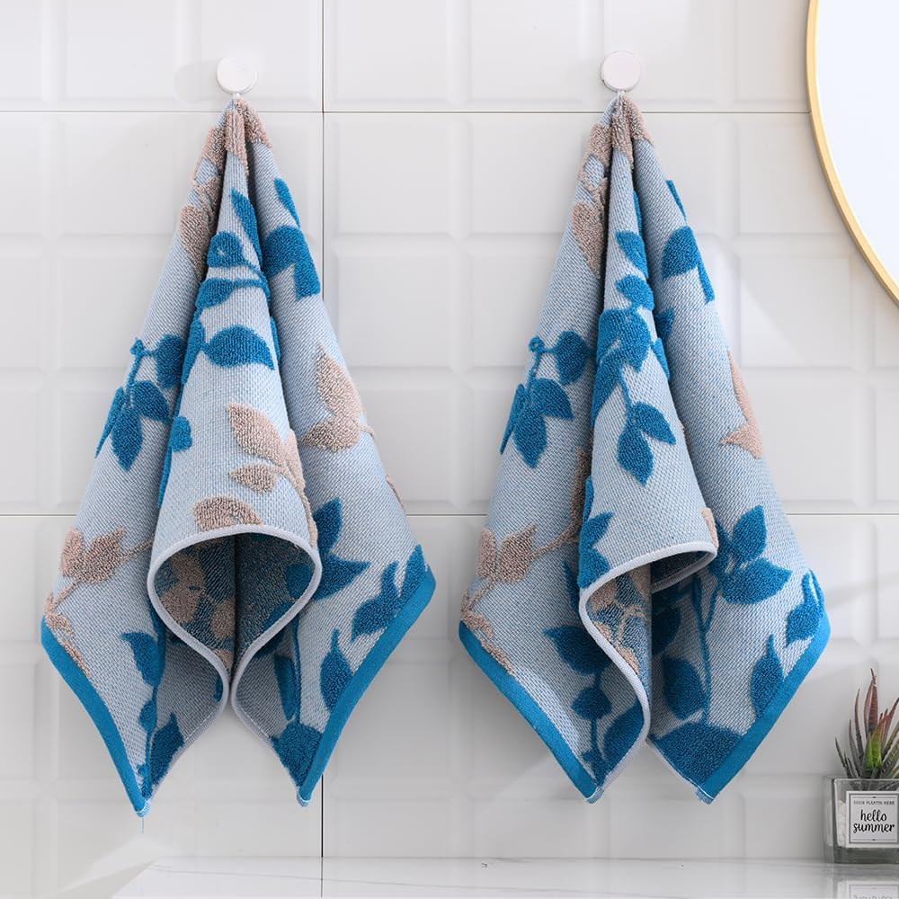 sense gnosis Navy Blue Hand Towel Set of 2 Super Soft 100% Cotton Highly Absorbent Embossed Leaf Floral Pattern Decorative Jacquard Weave Hand Towels for Bathroom Home 13x 29 Inch - Image 3