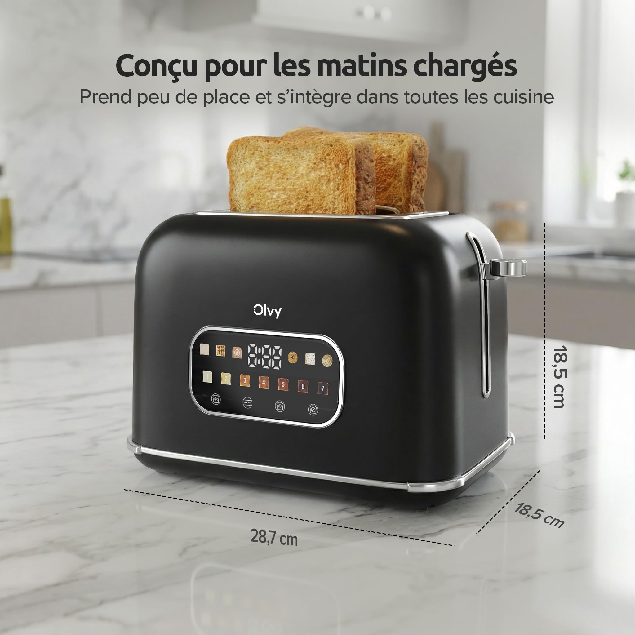 Olvy Grille-pain de luxe avec écran LCD et minuterie – Fentes extra larges (Décongeler/Réchauffer) – 7 niveaux de dorage – Black – 900 watts