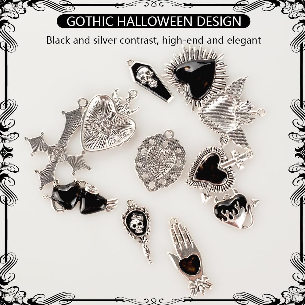 Giata11 Pcs Large Gothic Style Black Cross Skull Tombstone Heart Pendants Goth Halloween Charms for Jewelry Pendants Making DIY Craft Supplies - Image 6