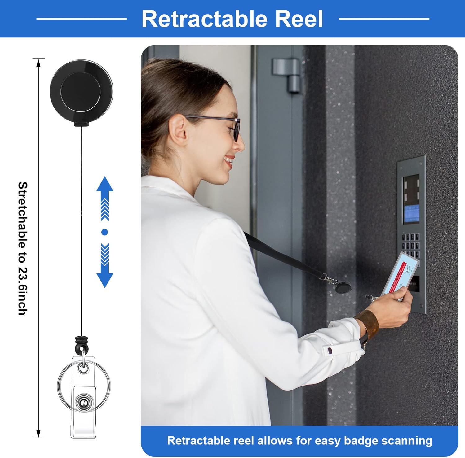 Woanger 50 Sets Black Lanyards with Retractable Reel Solid Color Black Lanyards Bulk Retractable with Vertical PVC Name Badge Holders - Image 4