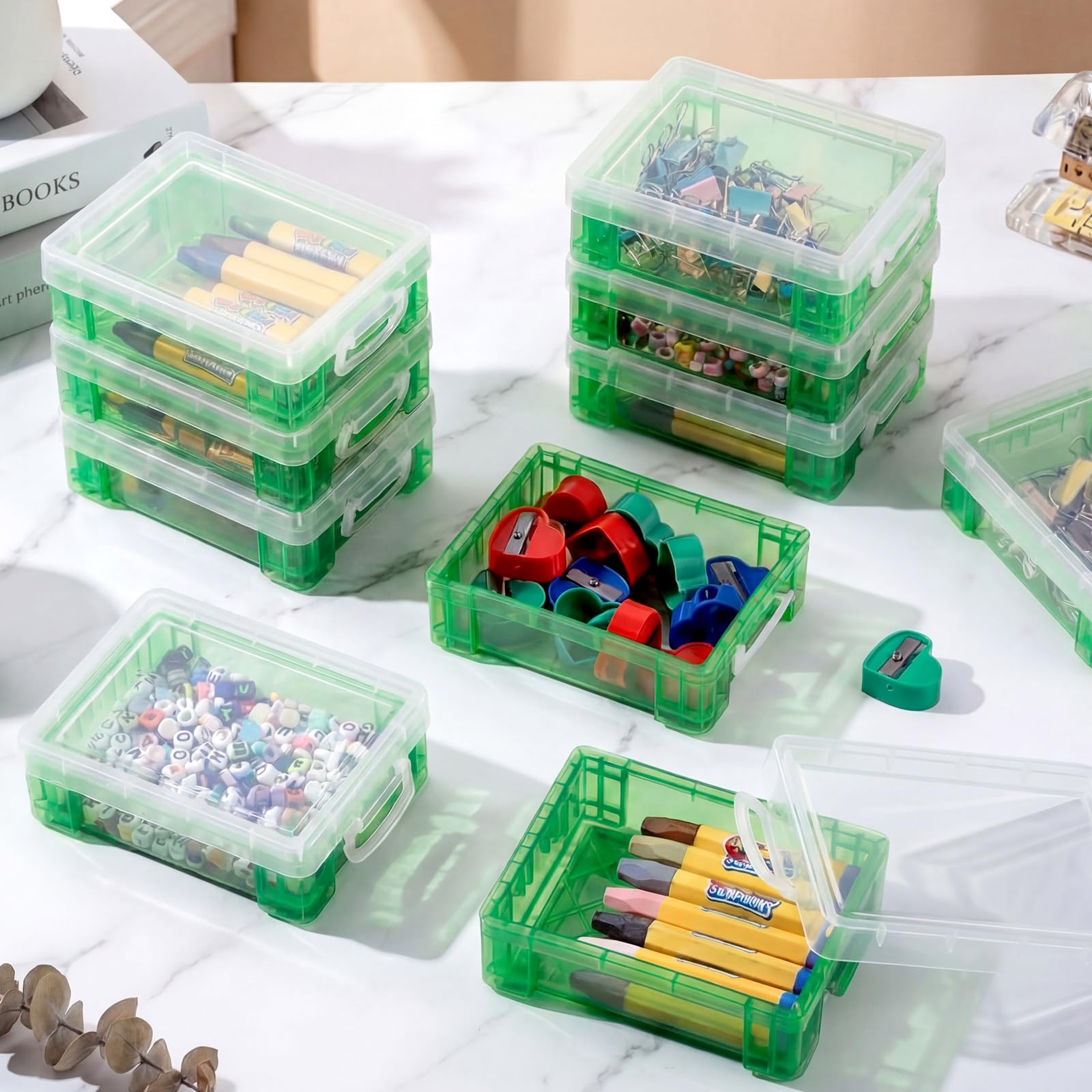 Suzile 50 scatole in plastica per pastelli con coperchio, 12 x 8,6 x 4,1 cm, contenitori per pastelli, per ufficio, scuola, scuola, penne, matite, artigianato artistico (verde)