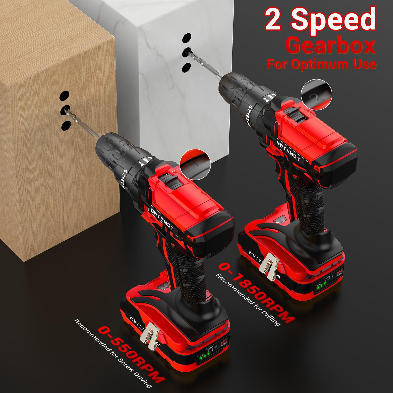 BETENST Trapano Avvitatore Batteria 21V, Avvitatore a Batteria con Batterie da 2.0Ah, 42N.m, 25+3 Coppia, 10mm Mandrino Autoserrante, 23 Accessori, Trapano a Percussione Per Casa Progetto, Fai da te
